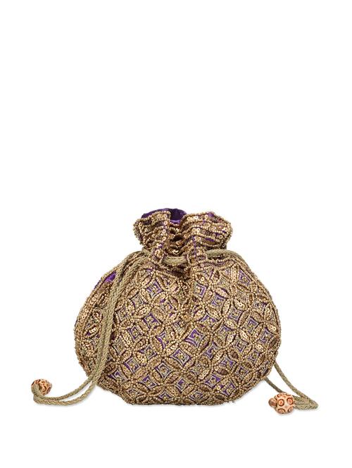 Sequined Purple and Golden Potli Bag - 62959 - Very Small Image - 1