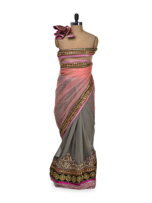 Elegant Grey & Peach Net Saree - 66418 - Very Small Image - 1