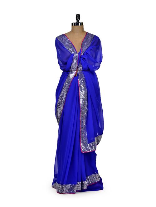 Chic Blue & Silver Party Saree - 66439 - Very Small Image - 1