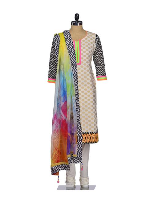 White and Beige  Unstitched Dress Material - 69755 - Very Small Image - 1