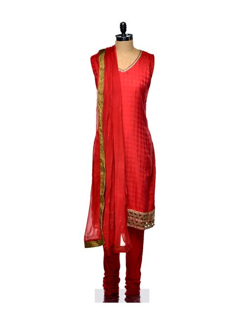 embellished red chanderi suit set - 74590 - Very Small Image - 1
