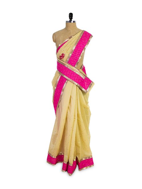 beige and pink saree - 74671 - Very Small Image - 1