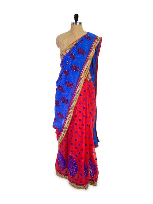 blue and red georgetter saree - 74756 - Very Small Image - 1