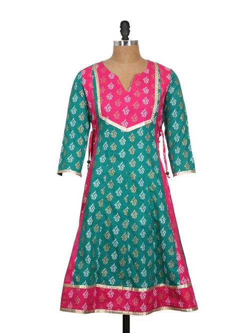 green and pink printed kurta - 76669 - Very Small Image - 1