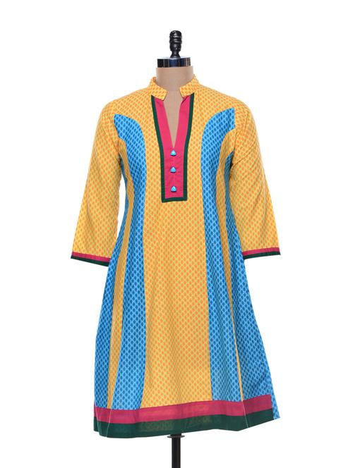 Printed Cotton Kurta With Colour Blocked Panels - 79303 - Very Small Image - 1