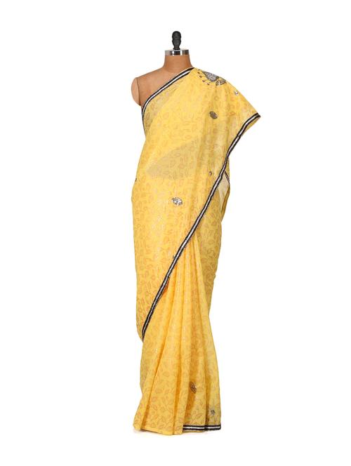 pale yellow floral georgette saree - 79420 - Very Small Image - 1