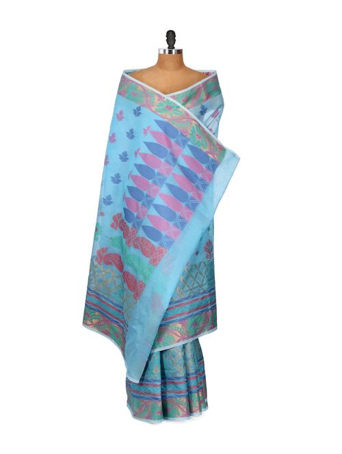Sky Blue Organza Cotton Saree - 848258 - Very Small Image - 1