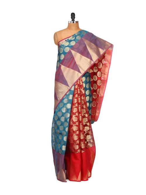 red and blue cotton silk saree - 848311 - Very Small Image - 1