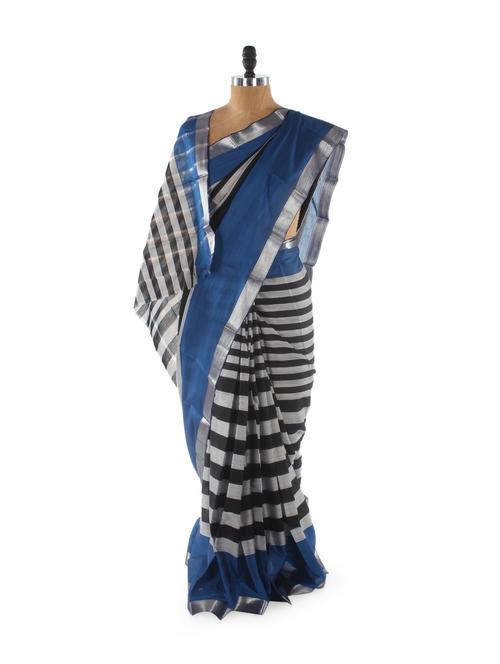 Monochrome striped blue saree - 851605 - Very Small Image - 1