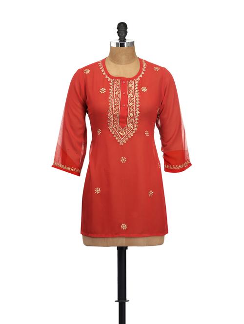 red georgette embroidered kurti - 85618 - Very Small Image - 1