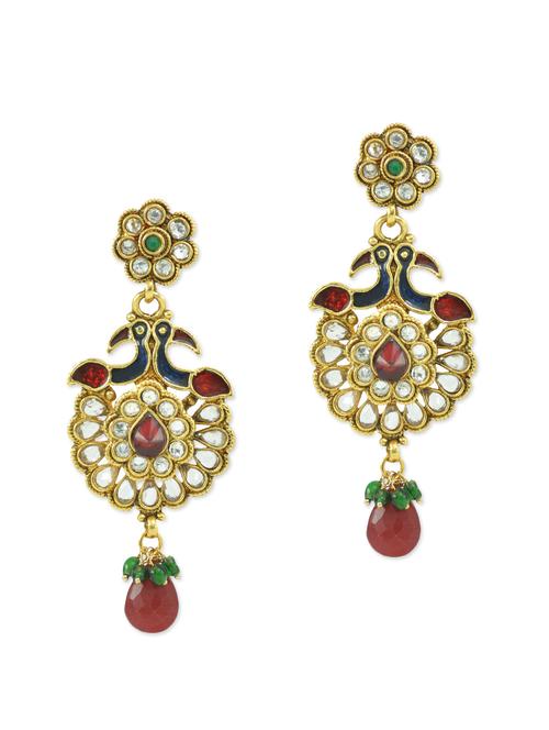 peacock dangler earrings with kundan and colourful crystals - 857149 - Very Small Image - 1