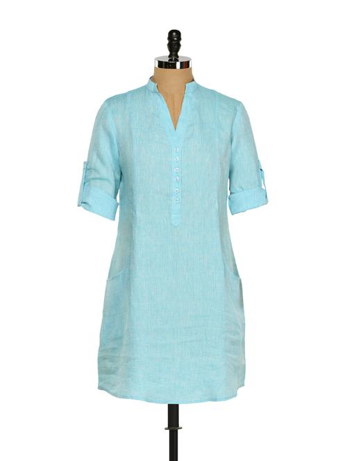 turquoise blue linen kurta - 859512 - Very Small Image - 1