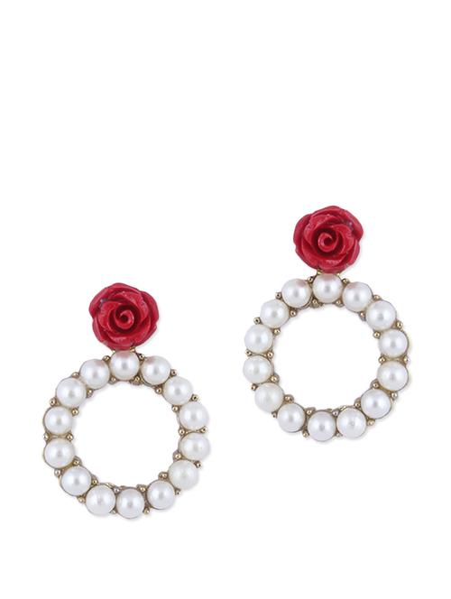 Round White Beaded Earrings with Red Rose - 859587 - Very Small Image - 1