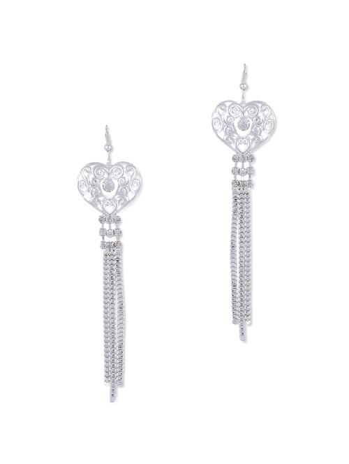 heart patterned crystal studded silver chain hanging earrings - 865922 - Very Small Image - 1