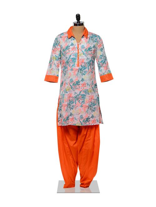 printed orange kurta and salwar set - 87790 - Very Small Image - 1