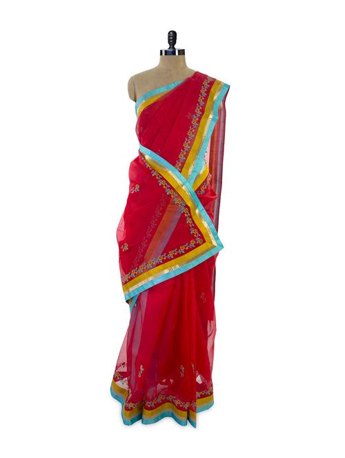 glamorous red saree with dazzling borders - 885882 - Very Small Image - 1