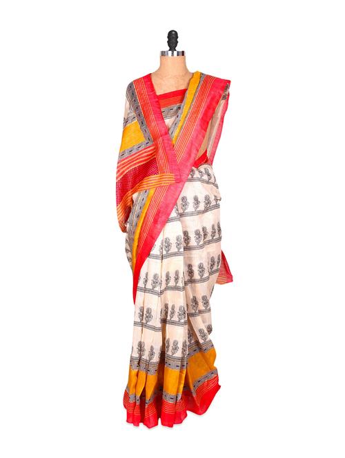 cream and red floral saree - 885953 - Very Small Image - 1