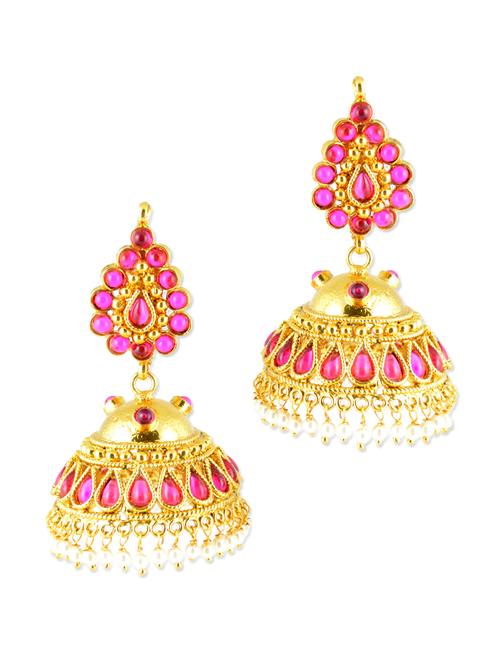 gold jhumkas with pink beads - 887056 - Very Small Image - 1