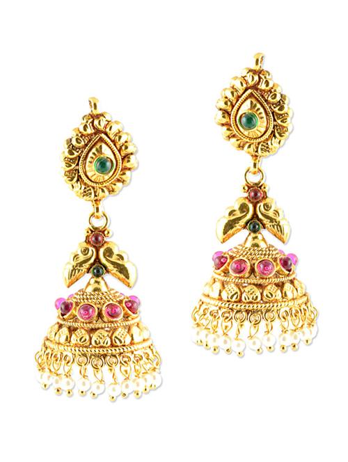 studded gold festive jhumkas - 887114 - Very Small Image - 1