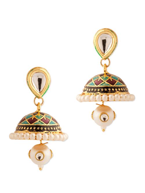 Dome Shape Jhumkis Embedded with CZ, Pearls and Enamel Work - 890067 - Very Small Image - 1