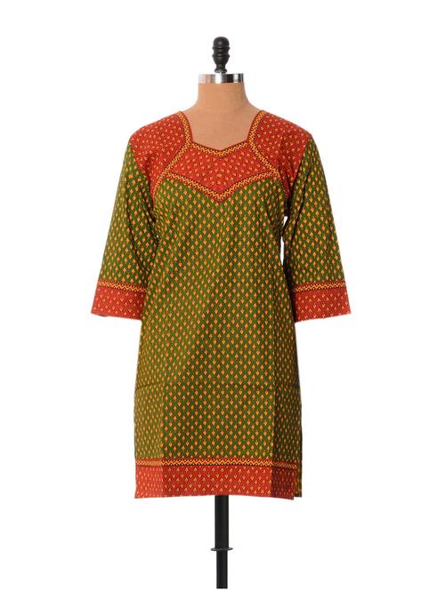 sap green and rust printed kurti - 898961 - Very Small Image - 1