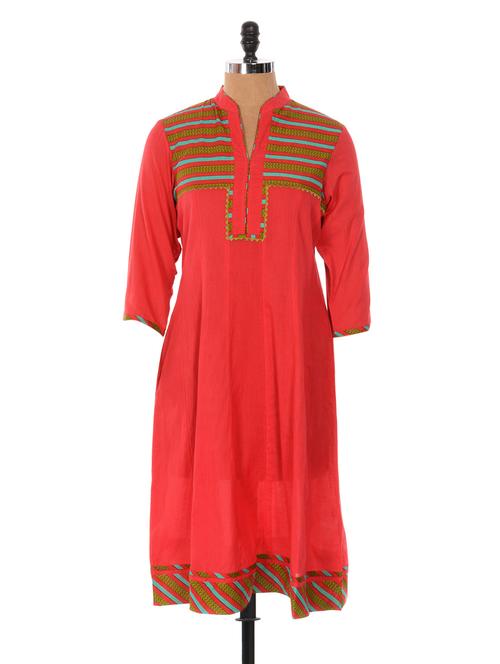 red long kurta with a printed yoke - 900837 - Very Small Image - 1