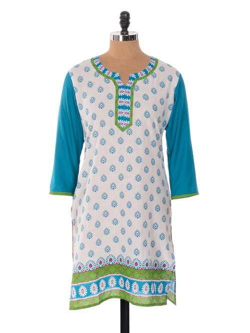 white printed kurta with blue sleeves - 902301 - Very Small Image - 1
