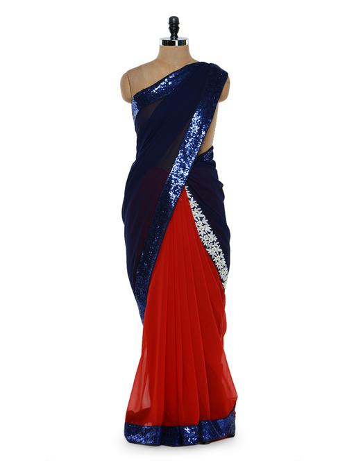 Royal blue and red saree with sequined border - 906662 - Very Small Image - 1