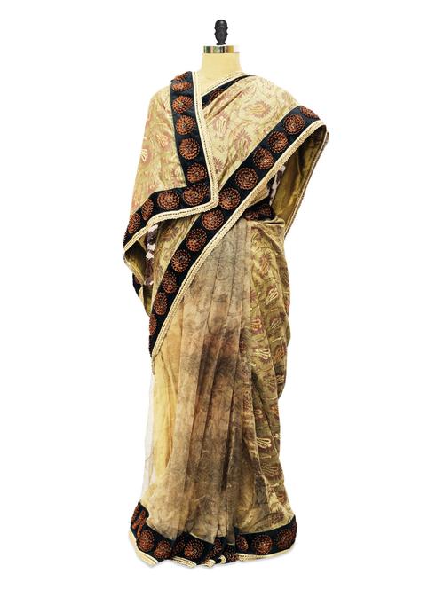 printed beige tulle net and silk brocade saree - 913016 - Very Small Image - 1