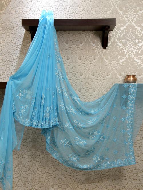Blue Chikankari Embroidered Saree - 913235 - Very Small Image - 1