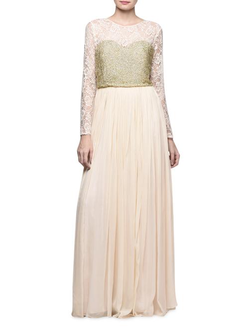 Cream Sequined Full-Sleeved Gown - 913963 - Very Small Image - 1