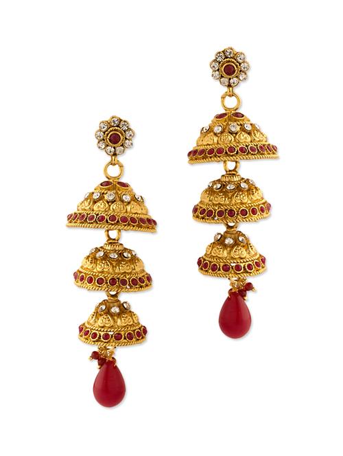 Festive Jhumki Earrings With Red Stones - 917680 - Very Small Image - 1