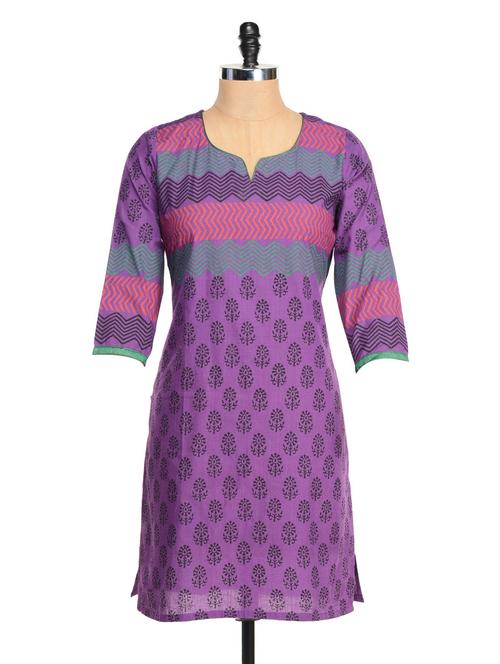 purple three quarter sleeved printed kurta  - 927194 - Very Small Image - 1