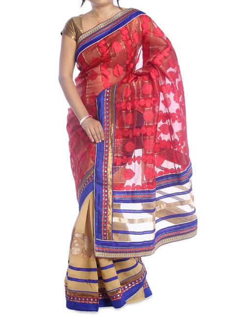 red and beige saree - 940242 - Very Small Image - 1