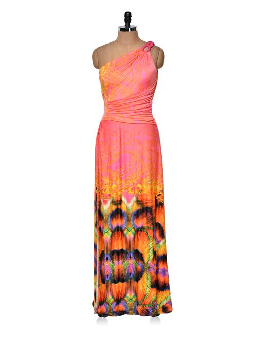peach one shoulder gown with multi-colored prints - 942581 - Very Small Image - 1