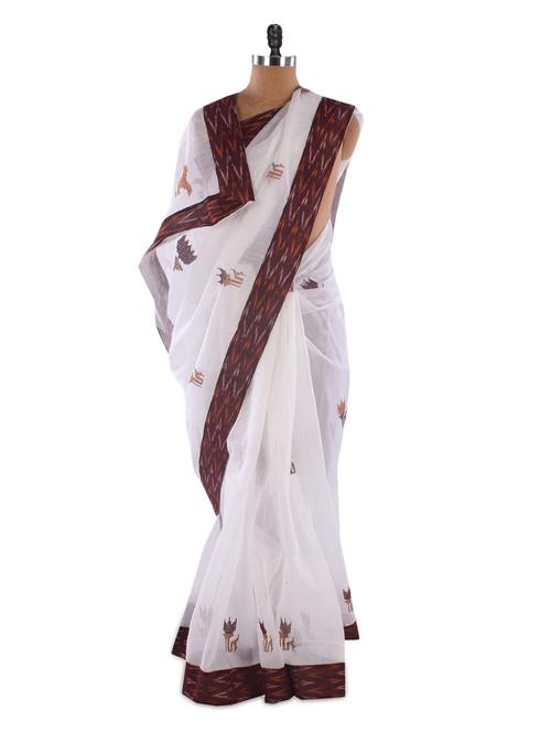 white and brown floral saree - 952987 - Very Small Image - 1