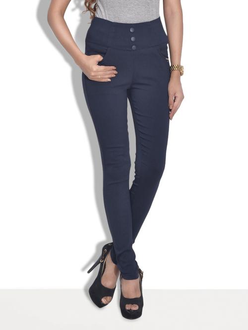 solid navy blue cotton lycra jeggings - 9540398 - Very Small Image - 1