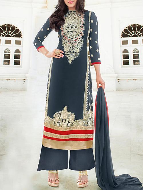 navy blue semi stitched georgette suit set - 9540960 - Very Small Image - 1