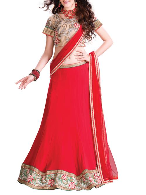 red embroidered silk lehenga set - 9541281 - Very Small Image - 1