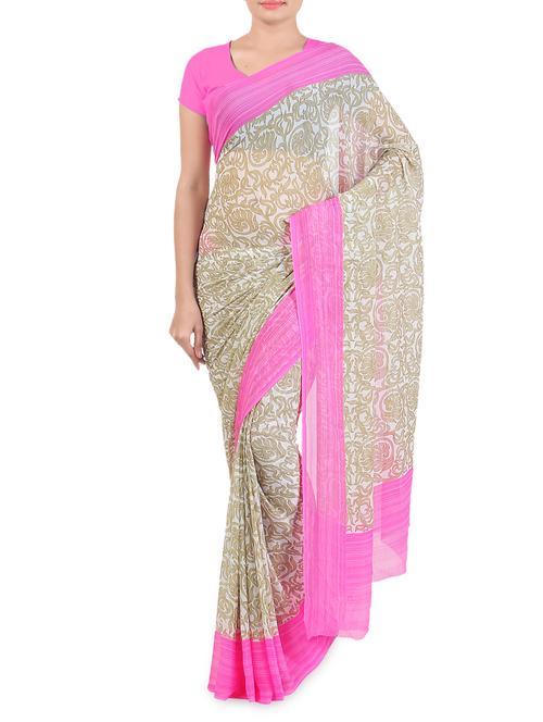 beige and white chiffon printed saree with blouse - 9547149 - Very Small Image - 1