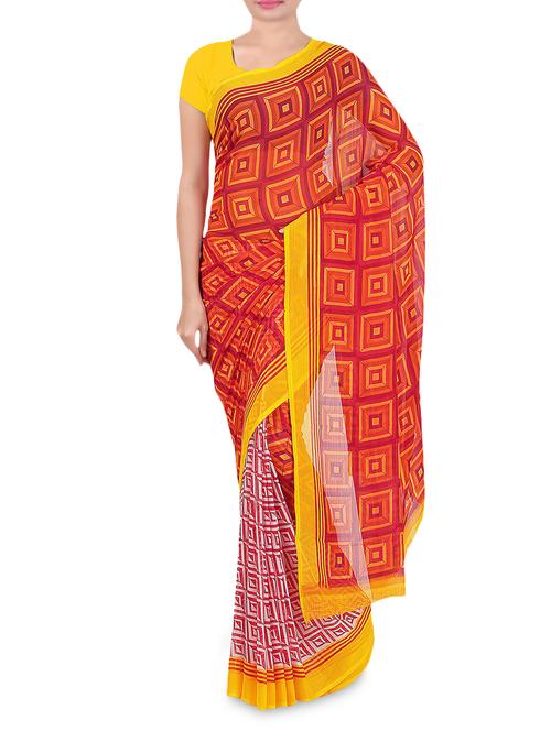 red chiffon printed saree with blouse - 9547161 - Very Small Image - 1