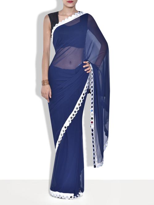 navy blue georgette saree with mirror work - 9547740 - Very Small Image - 1