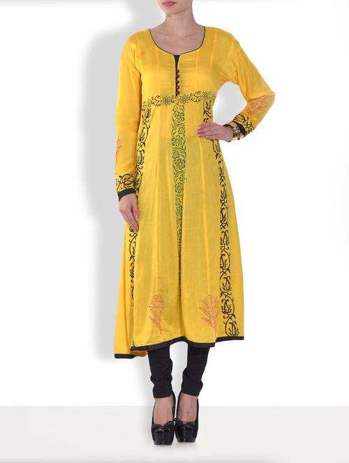 yellow color, rayon printed anarkali kurta - 9560060 - Very Small Image - 1