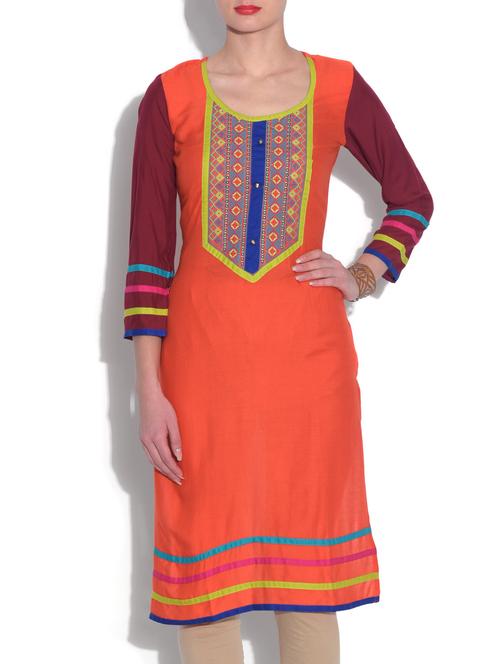 orange  cotton straight kurta - 9560578 - Very Small Image - 1