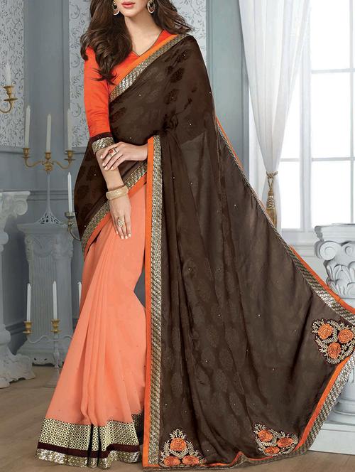 Black Georgette Patch Worked Saree - 9562792 - Very Small Image - 1