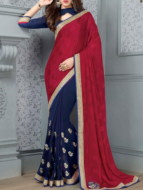 Red Georgette Patch Worked Saree - 9562798 - Very Small Image - 1