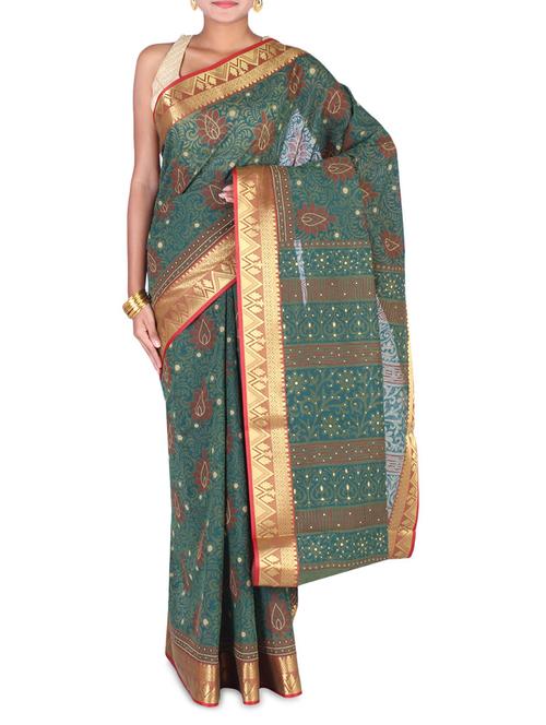 bottle green chanderi cotton sari - 9567630 - Very Small Image - 1