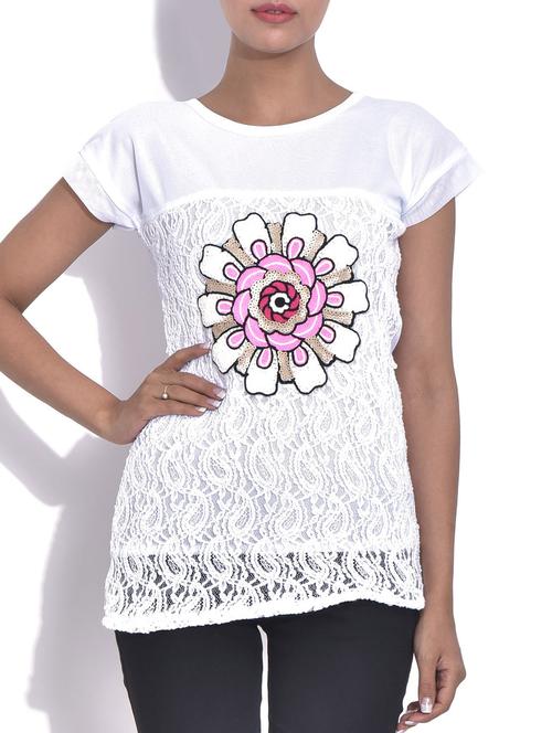 White Net Top with Floral Applique - 9568665 - Very Small Image - 1