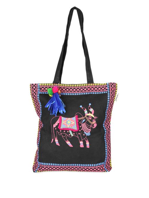 black tote bag with multi-coloured embroidery - 956998 - Very Small Image - 1