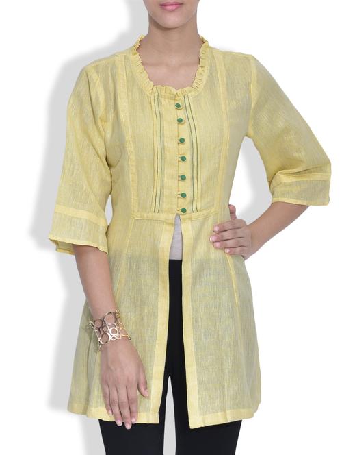 Solid Yellow Linen Kurti - 9571950 - Very Small Image - 1